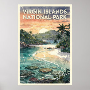 Affiche Îles Vierges Parc National Watercolor Rétro