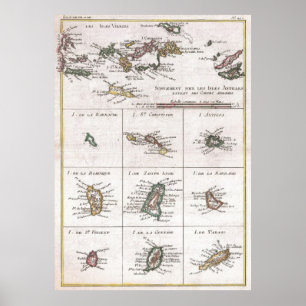 Affiche Îles vintages de la carte des Caraïbes (1780)