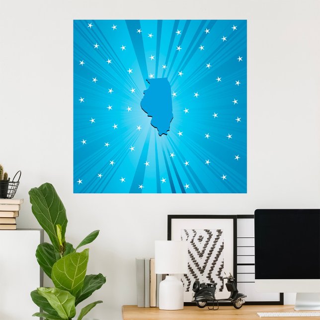 Affiche Illinois State Silhouette Blue Starburst (Créateur téléchargé)