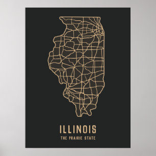 Affiche Illinois US State road map - la carte de l'état de