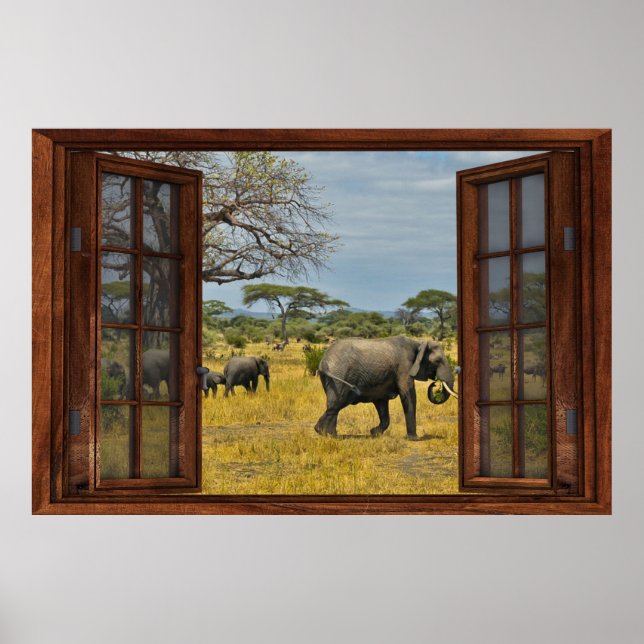 Affiche Illusion de fausse fenêtre - Eléphants africains (Devant)