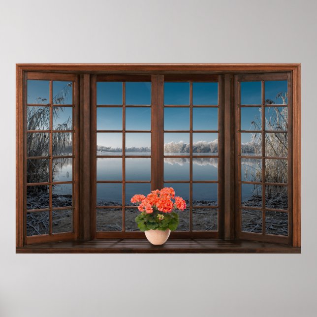 Affiche Illusion de la baie vitrée avec des fleurs sur le  (Devant)