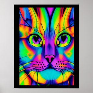 Affiche illusion psychédélique de chat violet fuchsia vert
