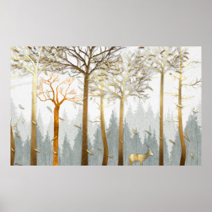 Affiche illustration 3D, contours gris et or des arbres,