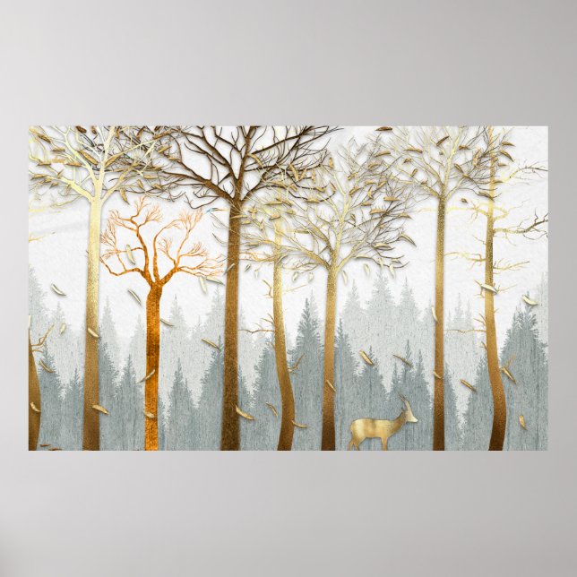 Affiche illustration 3D, contours gris et or des arbres, (Devant)
