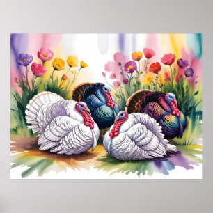 Affiche Illustration aquarelle colorée de dindes