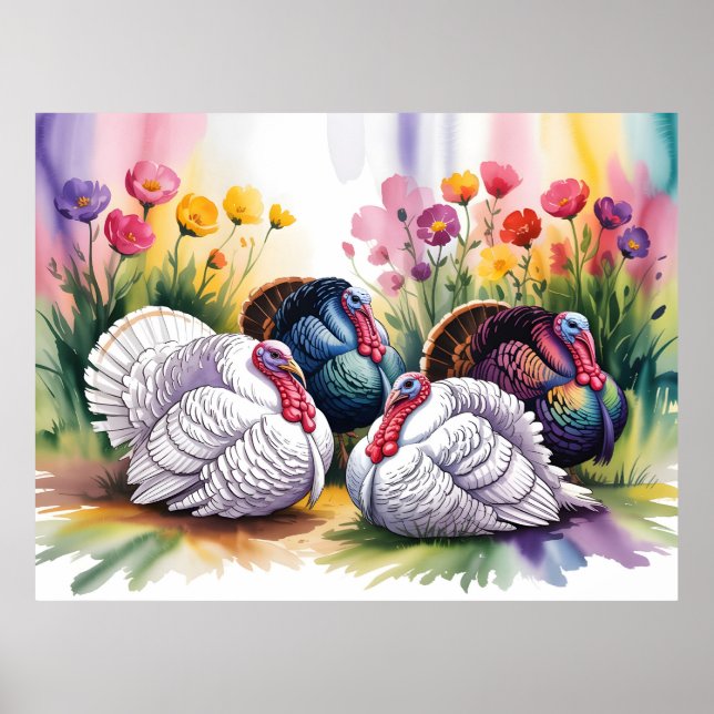 Affiche Illustration aquarelle colorée de dindes  (Devant)