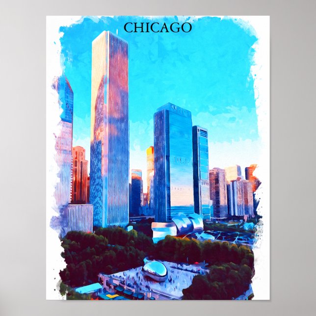 Affiche Illustration aquarelle de Chicago Illinois (Devant)