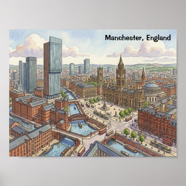 Affiche Illustration aquarelle de Manchester Angleterre (Devant)