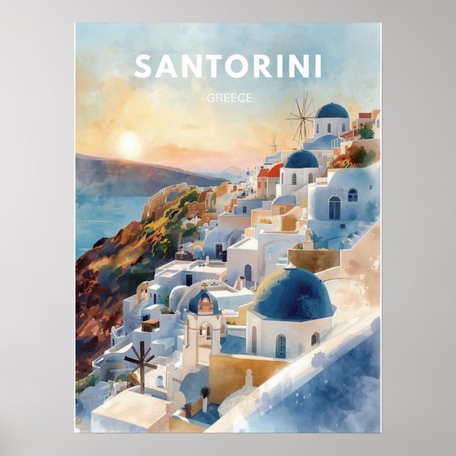Affiche Illustration aquarelle de voyage à Santorin (Devant)