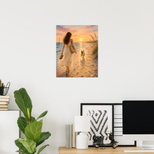 Affiche Illustration aquarelle du coucher de soleil paisib