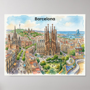 Affiche Illustration aquarelle du paysage urbain de Barcel
