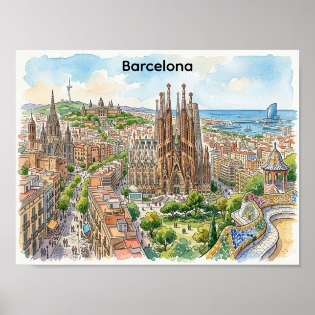 Affiche Illustration aquarelle du paysage urbain de Barcel (Devant)