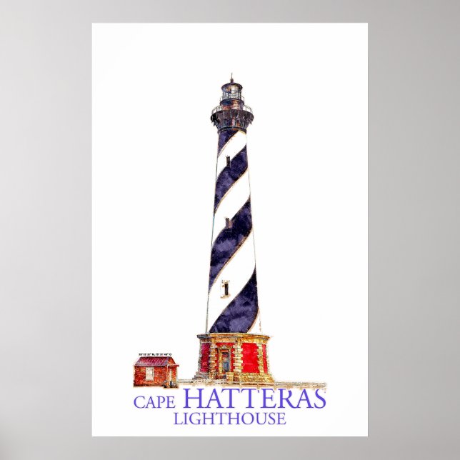 Affiche Illustration aquarelle du phare du cap Hatteras (Devant)