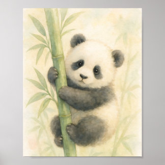 Affiche Illustration aquarelle d'un bébé panda sur du bamb
