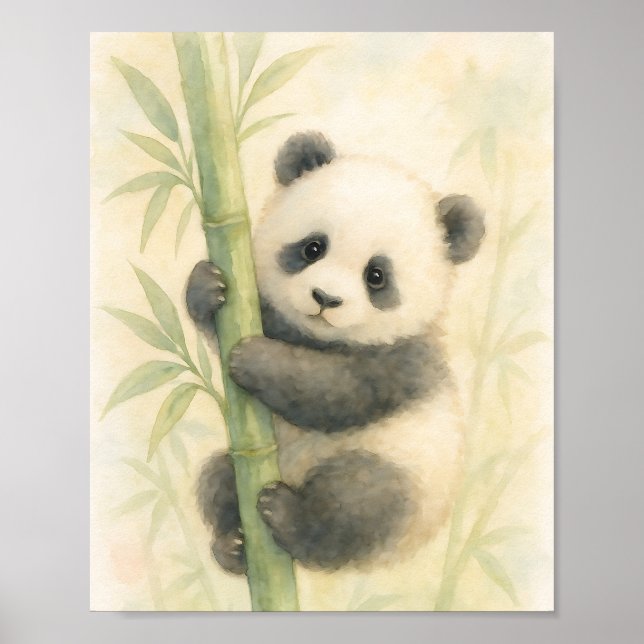 Affiche Illustration aquarelle d'un bébé panda sur du bamb (Devant)