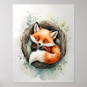 Affiche Illustration aquarelle d'un nid de renard endormi 