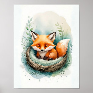 Affiche Illustration aquarelle d'un renard paisible au rep