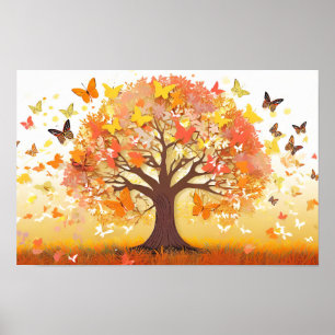 Affiche Illustration artistique d'un arbre aux papillons