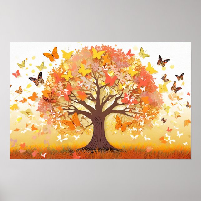 Affiche Illustration artistique d'un arbre aux papillons (Devant)