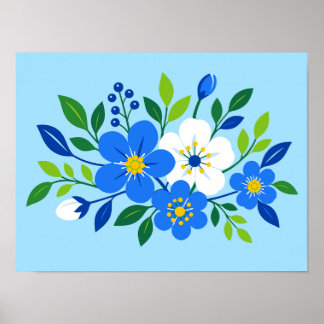 Affiche Illustration botanique florale bleue et blanche