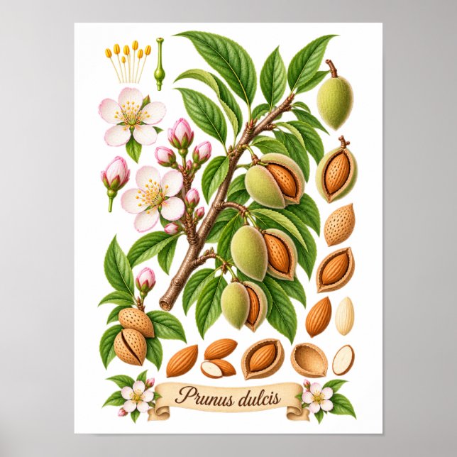 Affiche Illustration botanique vintage d'amande (Devant)