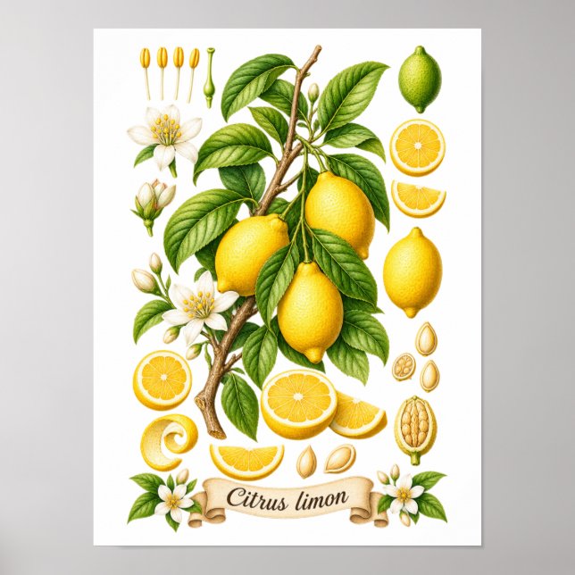 Affiche Illustration botanique vintage de citron (Devant)