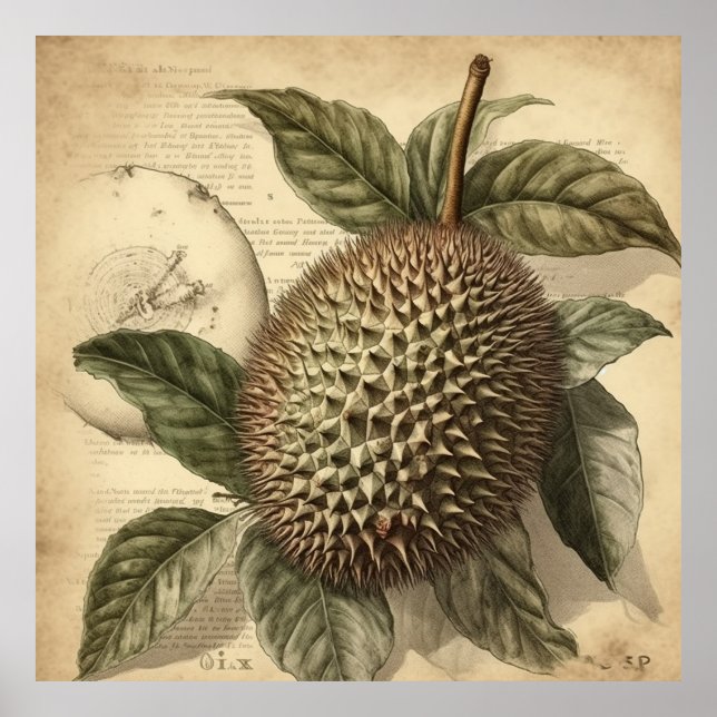 Affiche Illustration botanique vintage d'un fruit durian (Devant)