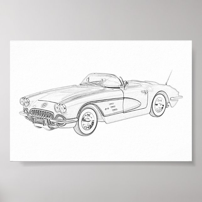 Affiche Illustration Chevy Corvette en noir et blanc 1958 (Devant)