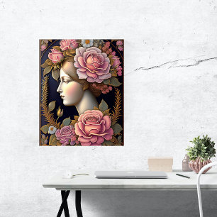 Affiche Illustration classique de la dame florale rose