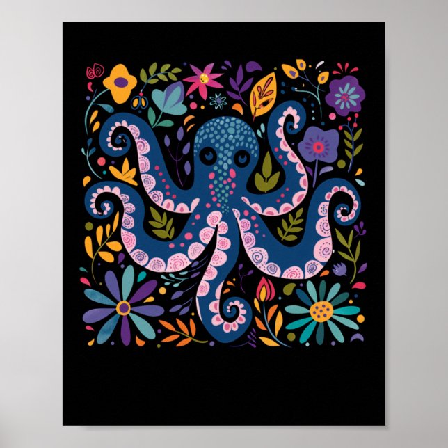 Affiche Illustration colorée de pieuvre entourée (Devant)