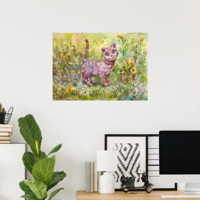 Affiche Illustration Cute Kitten Garden Fleurs papillon (Bureau à domicile)