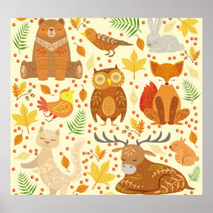 Affiche Illustration d'animaux de forêt ornementaux.