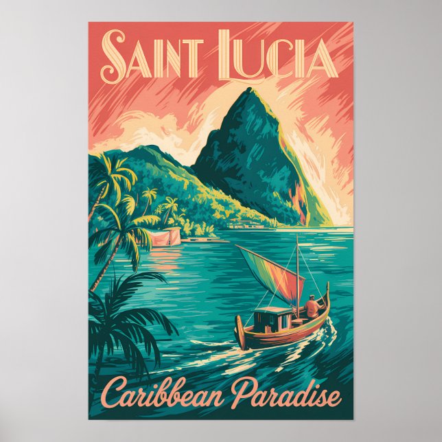 Affiche Illustration de bateau à Sainte-Lucie Art de voyag (Devant)