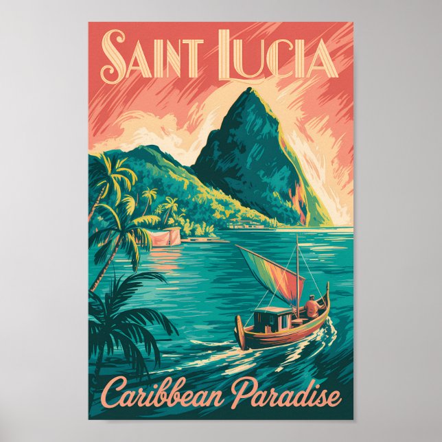 Affiche Illustration de bateau à Sainte-Lucie Art de voyag (Devant)