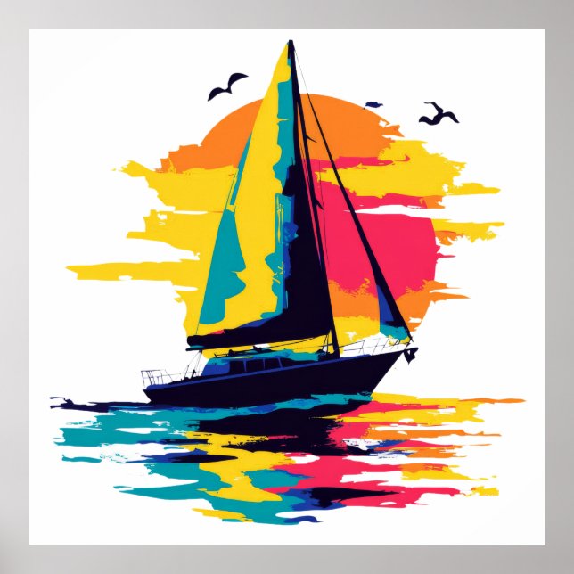 Affiche Illustration de bateau à voile peinture aquarelle (Devant)