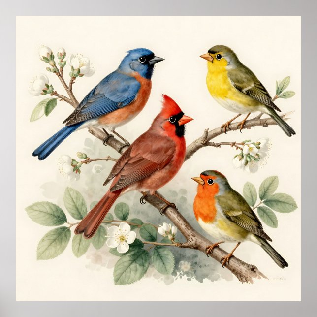 Affiche Illustration de Branche Fleurie d'Oiseau Chanteur  (Devant)