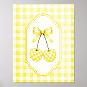 Affiche Illustration de cerise à carreaux jaune rustique