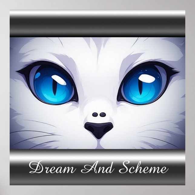 Affiche Illustration de chat blanc aux yeux bleus vifs (Devant)