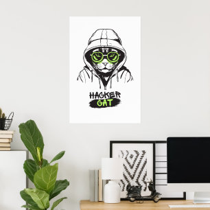 Affiche Illustration de chat hacker mignon – Cadeau de cyb