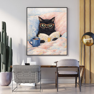 Affiche illustration de chat lisant   art de chat noir   c