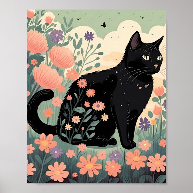 Affiche Illustration de chat noir dans un champ de fleurs (Devant)