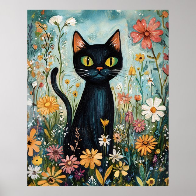 Affiche Illustration de chat noir fantaisiste avec fleurs  (Devant)