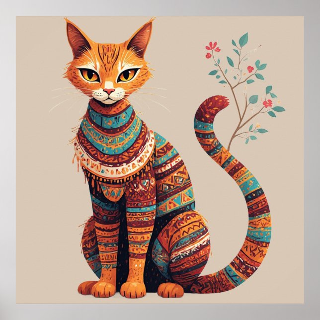 Affiche Illustration de chat tribal bohème, design d'art f (Devant)