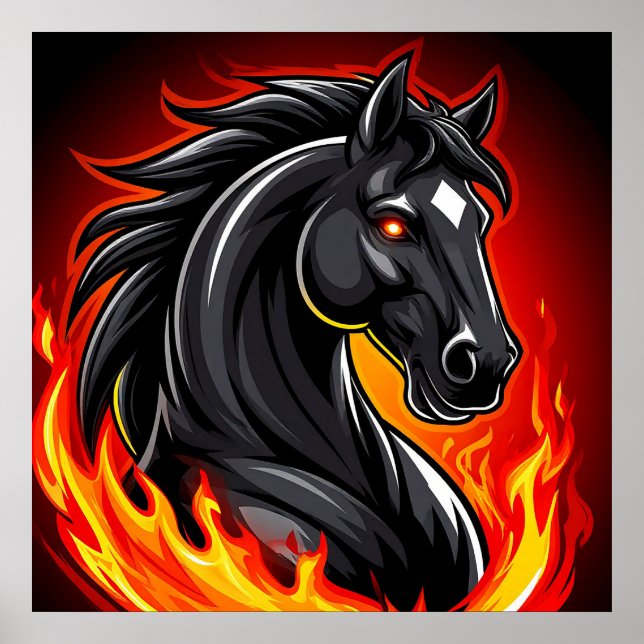 Affiche Illustration de Cheval Noir Fiery avec les yeux br (Devant)