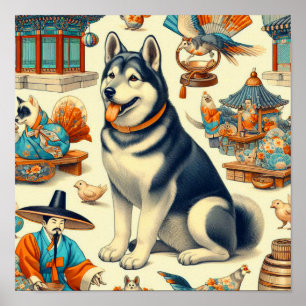 Affiche Illustration de Chien Jindo Coréen Vintagae