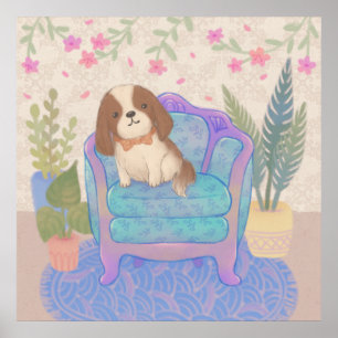 Affiche Illustration de chiot mignon sur fauteuil vintage