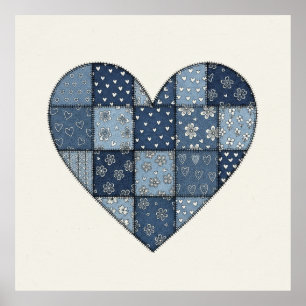 Affiche Illustration de cœur en patchwork de denim bleu ru