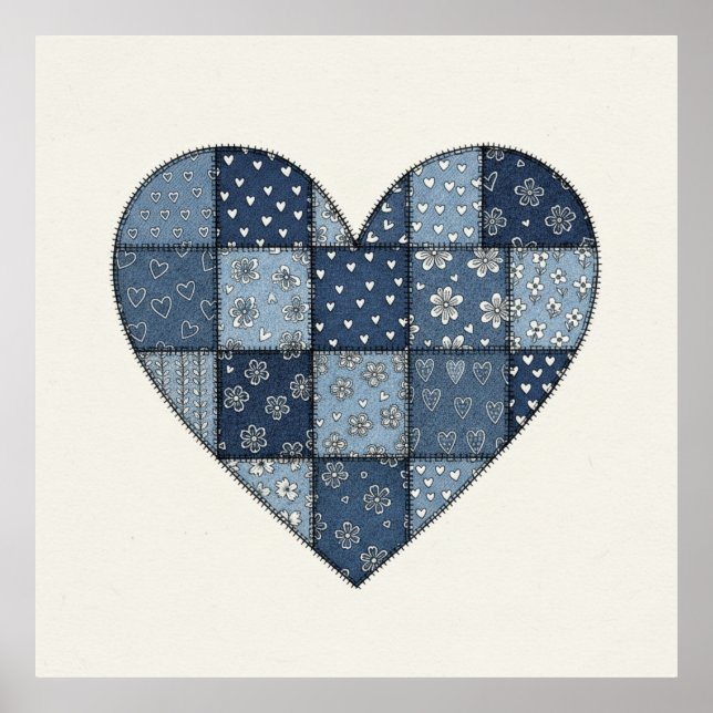Affiche Illustration de cœur en patchwork de denim bleu ru (Devant)