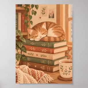 Affiche Illustration de coin de lecture cosy avec un chat 